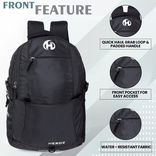 HEROZ Heden 40L Laptop Backpack for Men & Women with USB Charging Port, Rain Cover & Anti-Theft Pocket – Fits 17 Inch Laptop (Black) - HEROZ