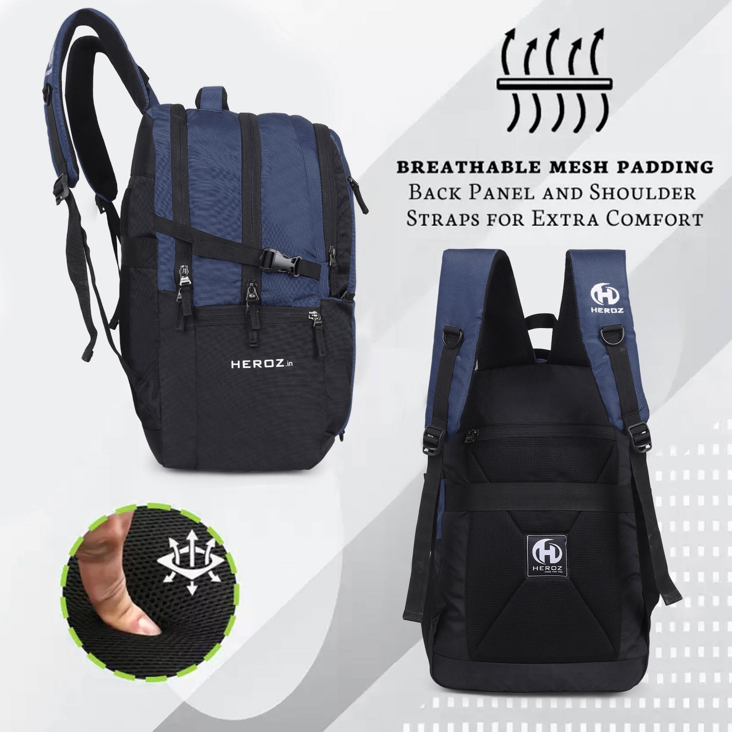 HEROZ Heden 40L Laptop Backpack for Men & Women with USB Charging Port, Rain Cover & Anti-Theft Pocket – Water Resistant College, Travel & Office Backpack Fits 17-Inch Laptop (Black & Navy Blue) - HEROZ