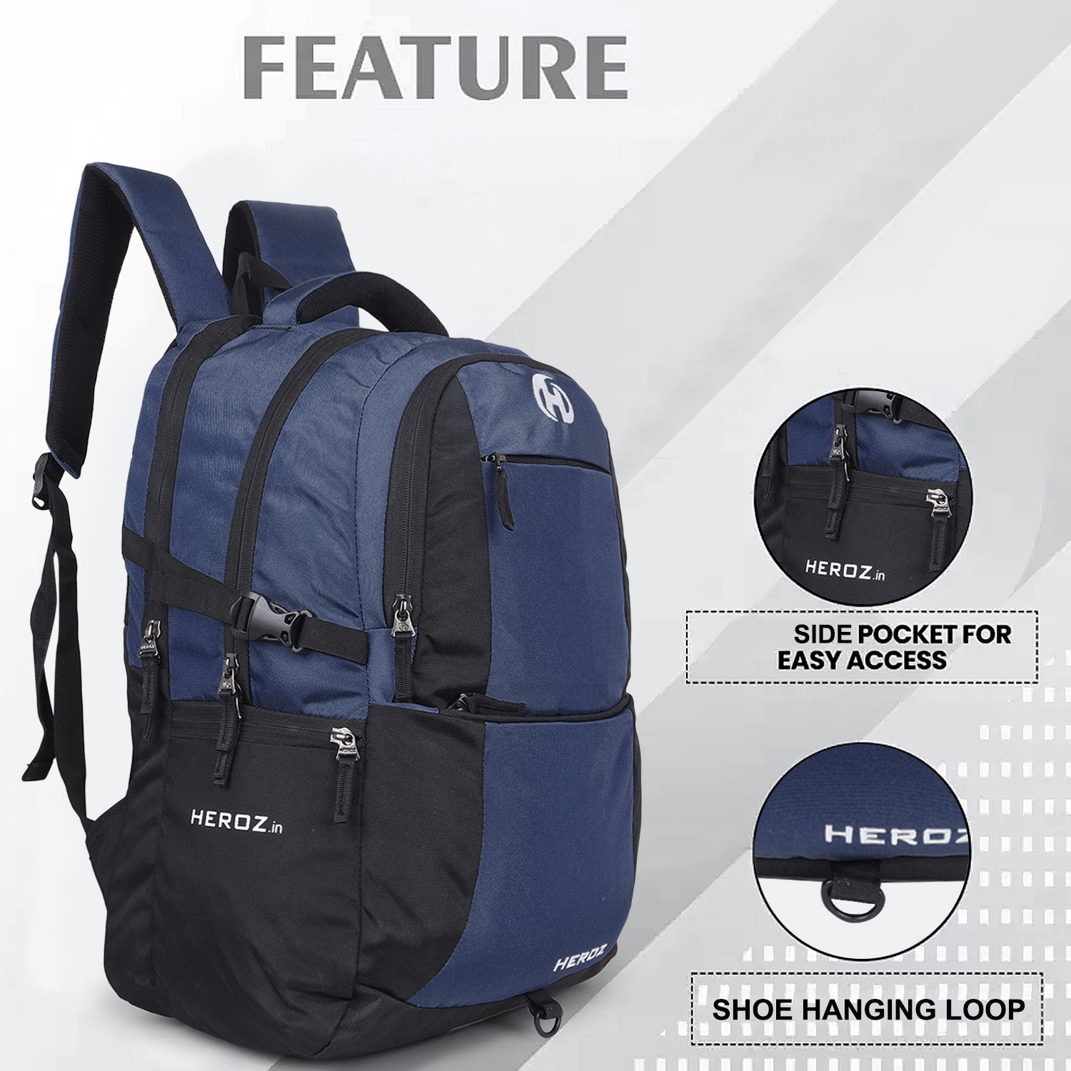 HEROZ Heden 40L Laptop Backpack for Men & Women with USB Charging Port, Rain Cover & Anti-Theft Pocket – Water Resistant College, Travel & Office Backpack Fits 17-Inch Laptop (Black & Navy Blue) - HEROZ