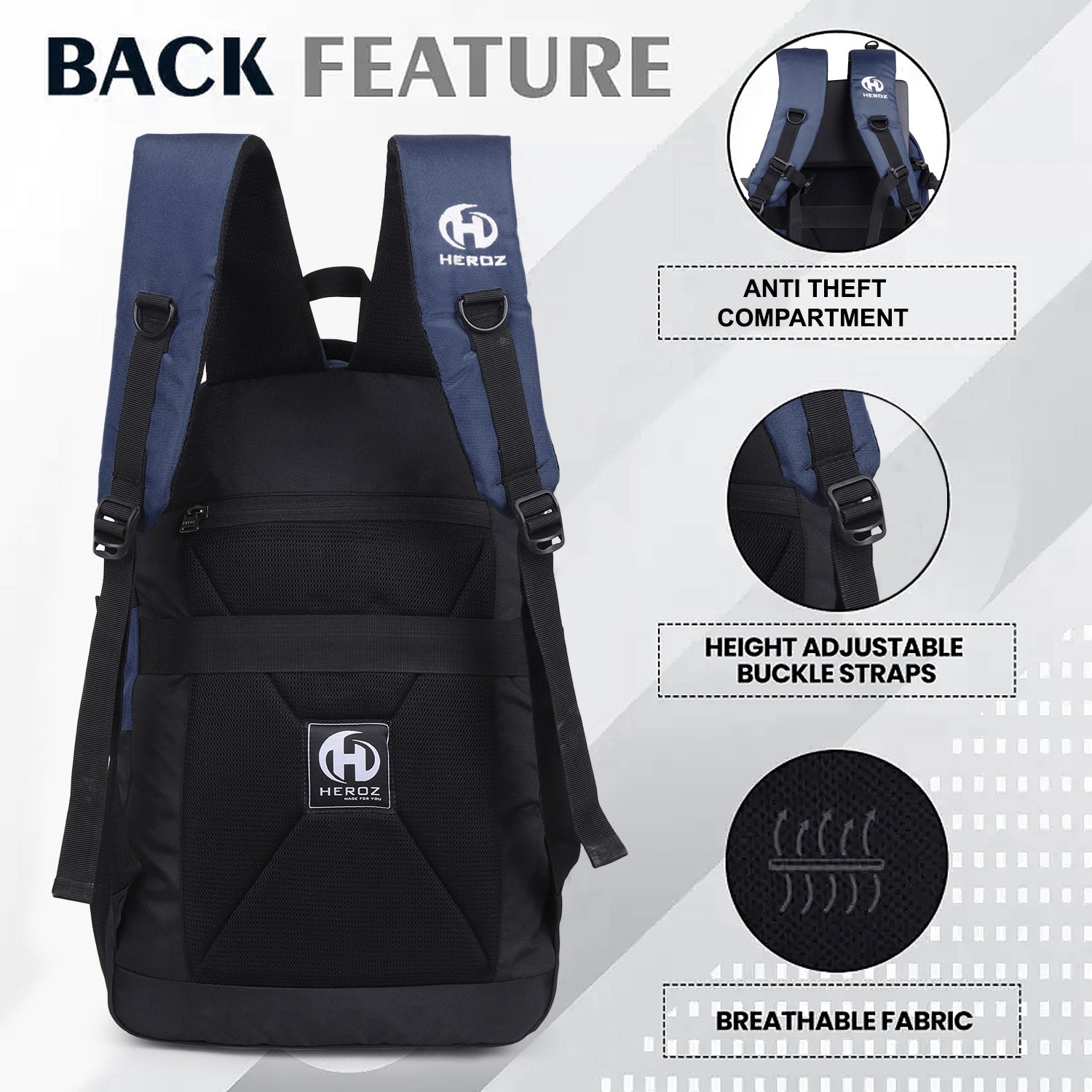 HEROZ Heden 40L Laptop Backpack for Men & Women with USB Charging Port, Rain Cover & Anti-Theft Pocket – Water Resistant College, Travel & Office Backpack Fits 17-Inch Laptop (Black & Navy Blue) - HEROZ