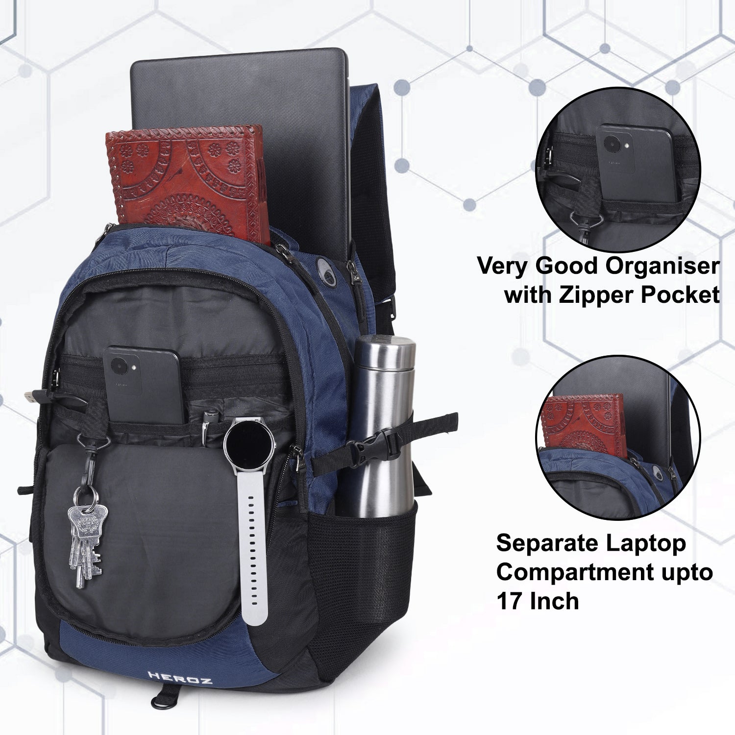 HEROZ Heden 40L Laptop Backpack for Men & Women with USB Charging Port, Rain Cover & Anti-Theft Pocket – Water Resistant College, Travel & Office Backpack Fits 17-Inch Laptop (Black & Navy Blue) - HEROZ