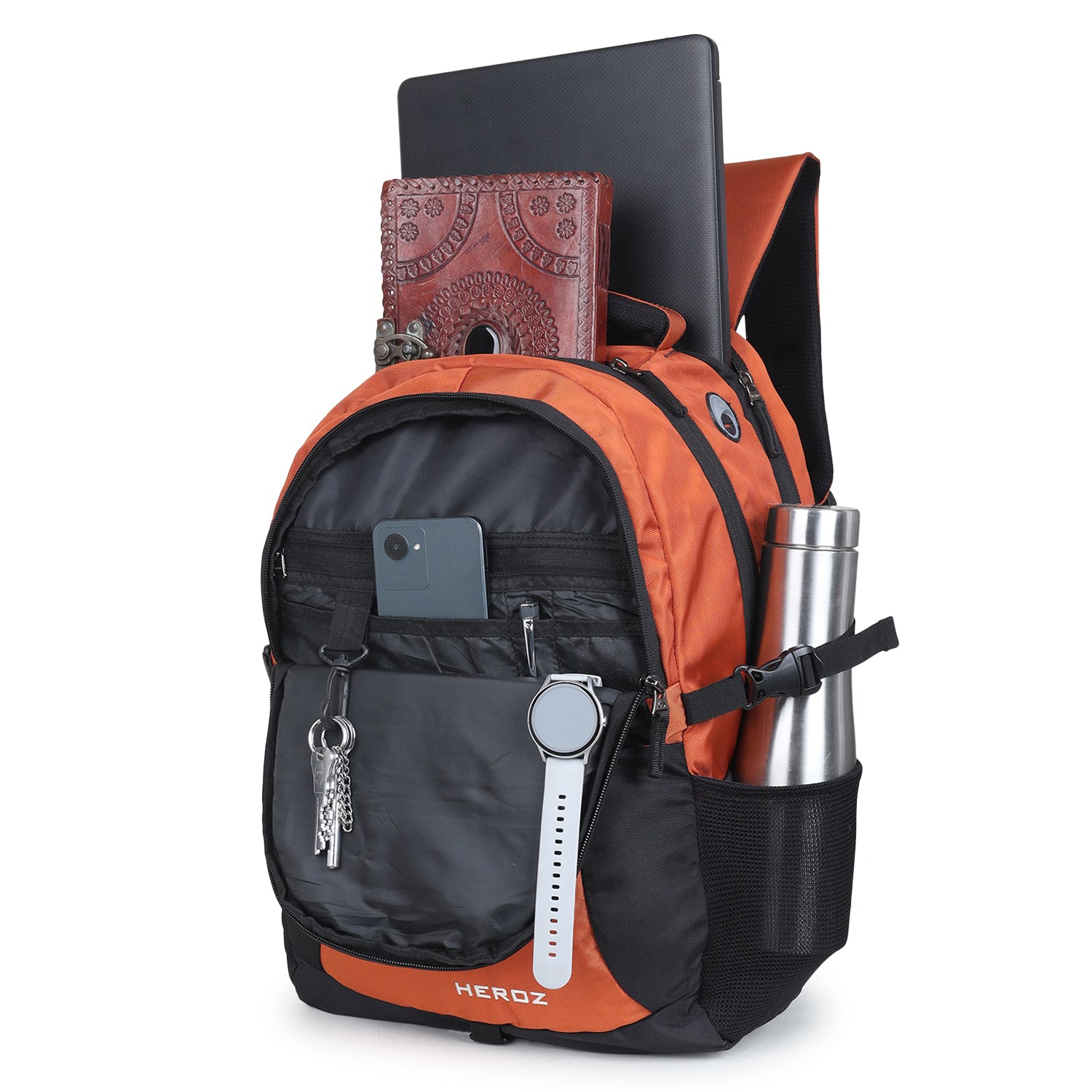 HEROZ Heden 40L Laptop Backpack for Men & Women with USB Charging Port, Rain Cover & Anti-Theft Pocket – Water Resistant College, Travel & Office Backpack Fits 17-Inch Laptop (Black & Rust) - HEROZ