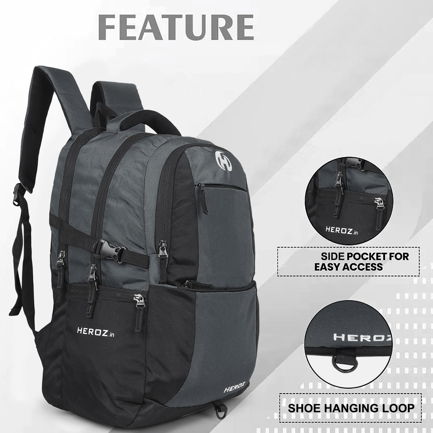 HEROZ Heden 40L laptop backpacks bags for men and women with USB Charing Point, rain cover with Anti Theft Pocket, Organizer, ideal for collage travel & office,17-inch sleeve (Black & Grey) - HEROZ