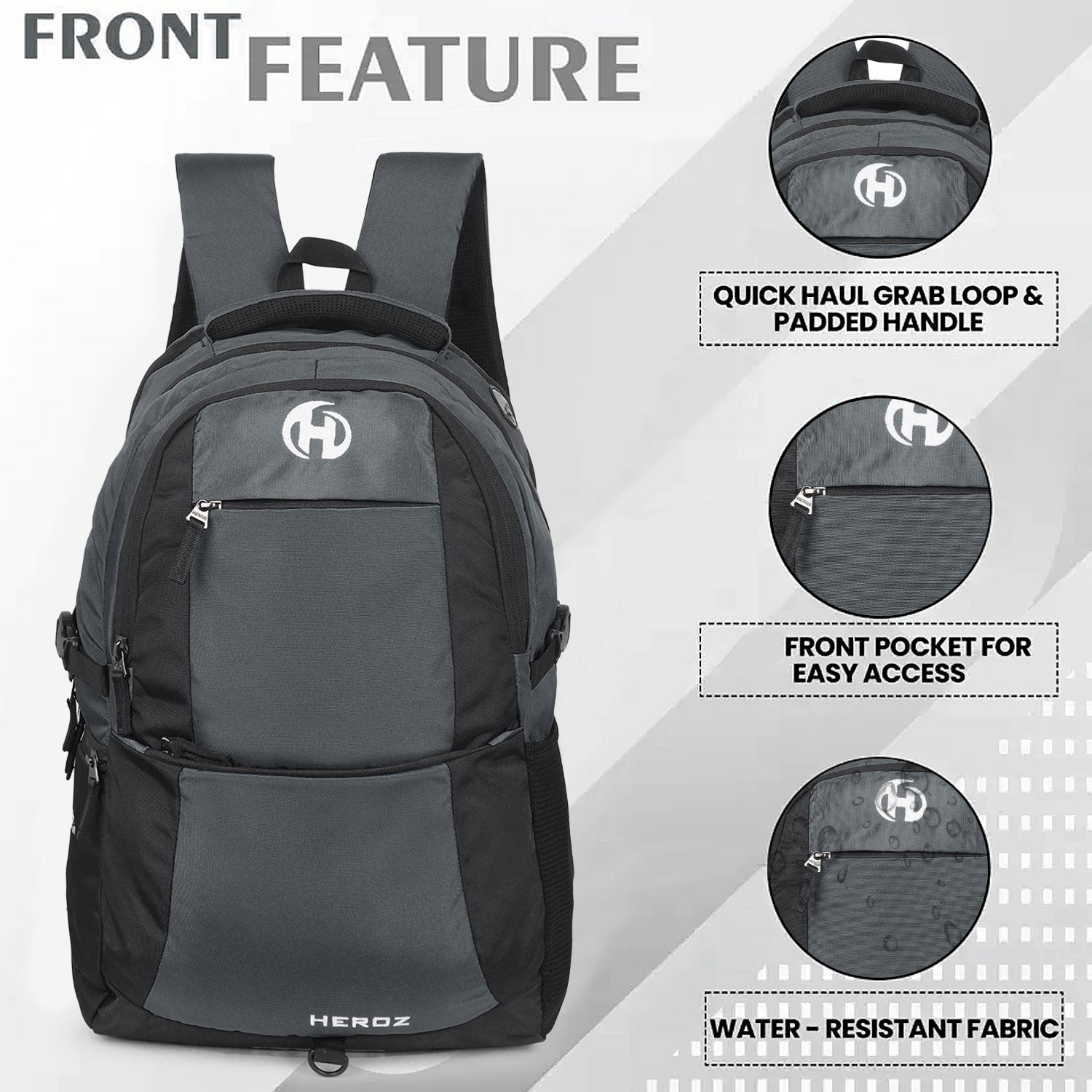 HEROZ Heden 40L laptop backpacks bags for men and women with USB Charing Point, rain cover with Anti Theft Pocket, Organizer, ideal for collage travel & office,17-inch sleeve (Black & Grey) - HEROZ