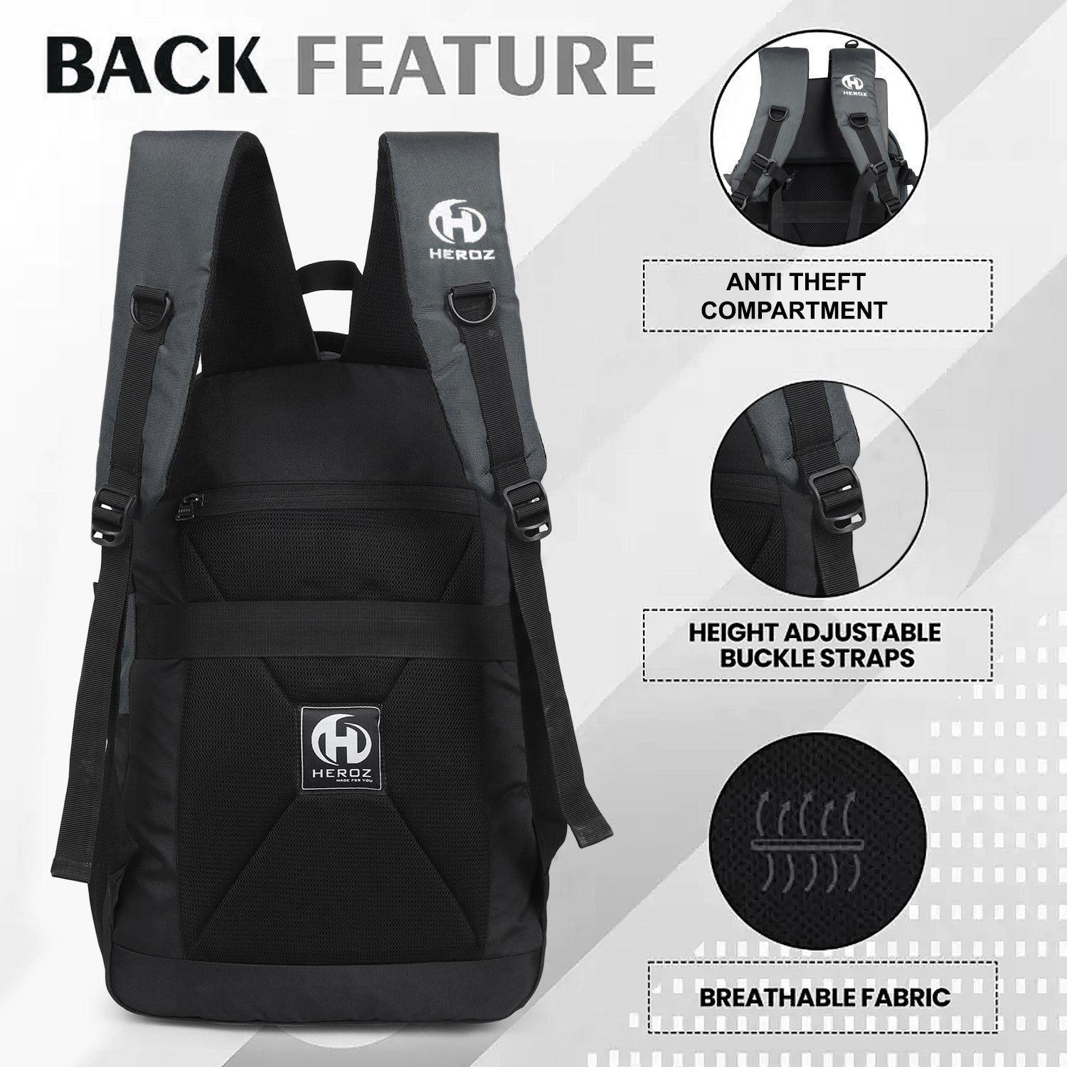 HEROZ Heden 40L laptop backpacks bags for men and women with USB Charing Point, rain cover with Anti Theft Pocket, Organizer, ideal for collage travel & office,17-inch sleeve (Black & Grey) - HEROZ