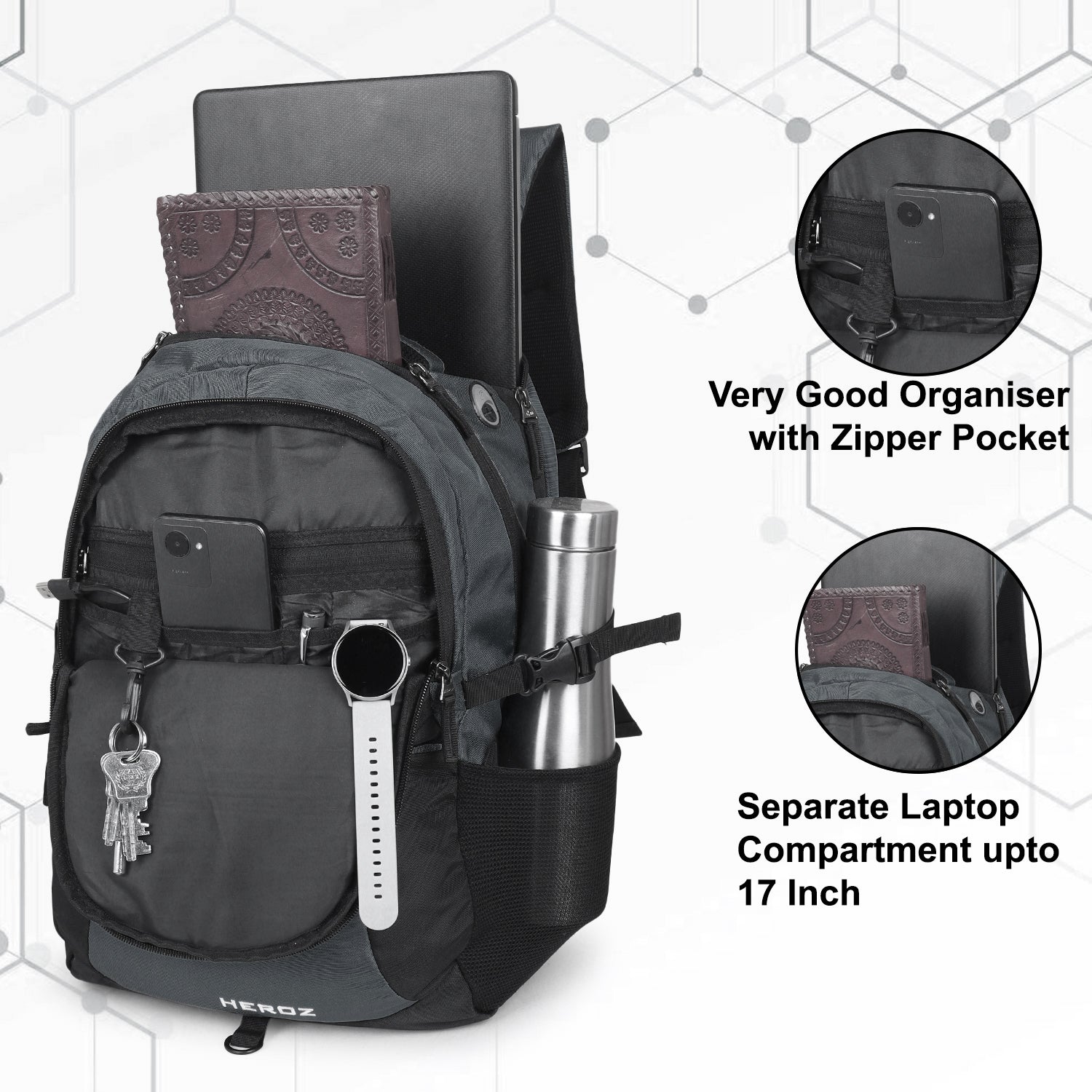 HEROZ Heden 40L laptop backpacks bags for men and women with USB Charing Point, rain cover with Anti Theft Pocket, Organizer, ideal for collage travel & office,17-inch sleeve (Black & Grey) - HEROZ