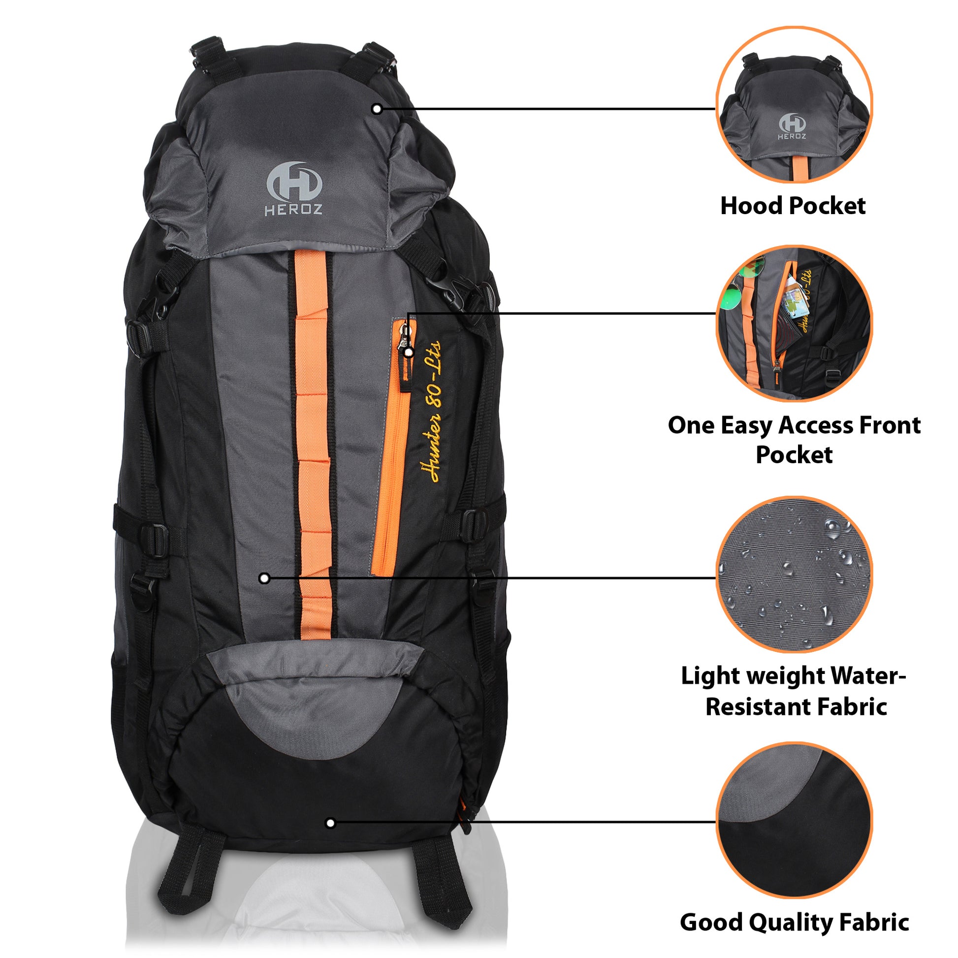 HEROZ Hunter 80 ltrs Trackign Laptop Bags Mountaineering Hiking Bag with Rain Cover Mount Track Travel Backpacks Rucksack - (Black and Grey) - HEROZ
