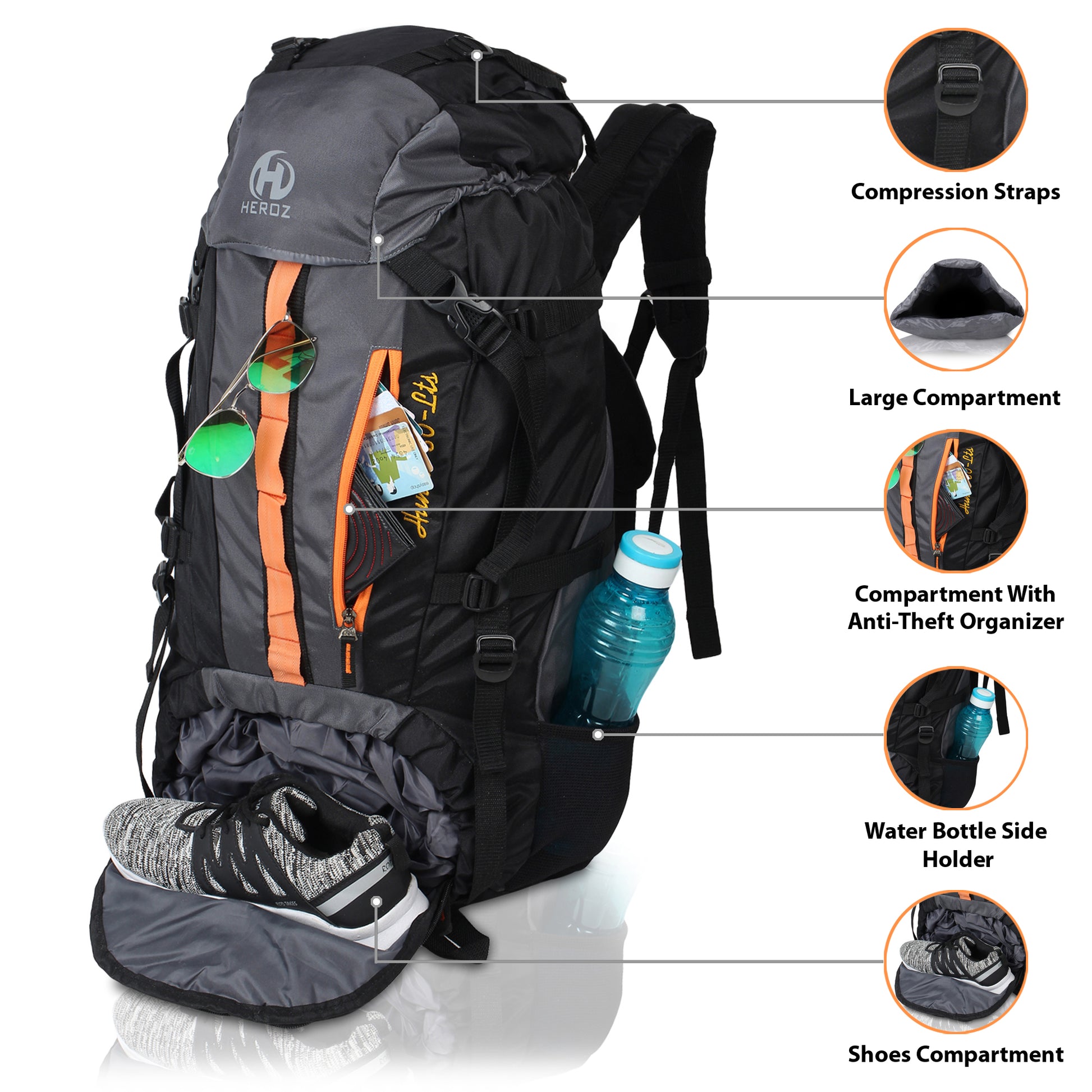 HEROZ Hunter 80 ltrs Trackign Laptop Bags Mountaineering Hiking Bag with Rain Cover Mount Track Travel Backpacks Rucksack - (Black and Grey) - HEROZ