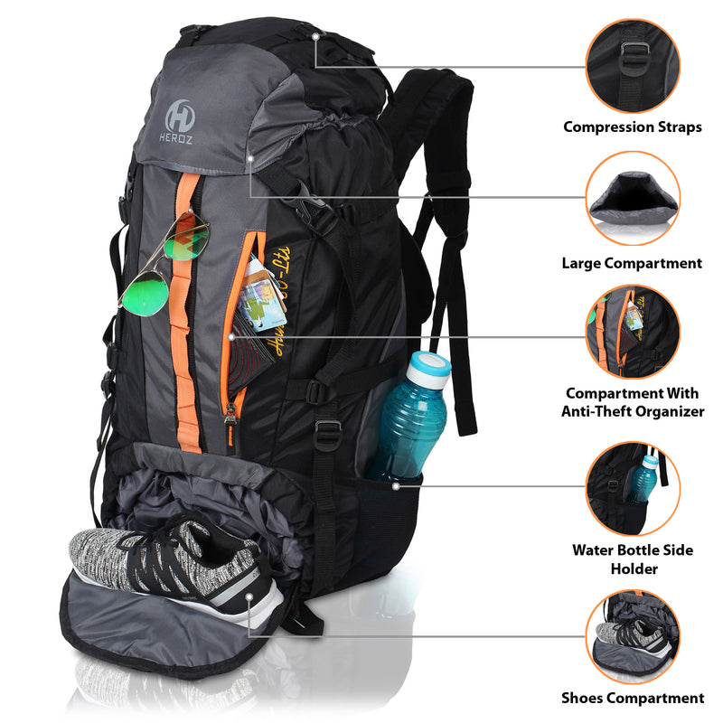 HEROZ Hunter 80L Hiking/Trekking Backpack (Black & Grey)