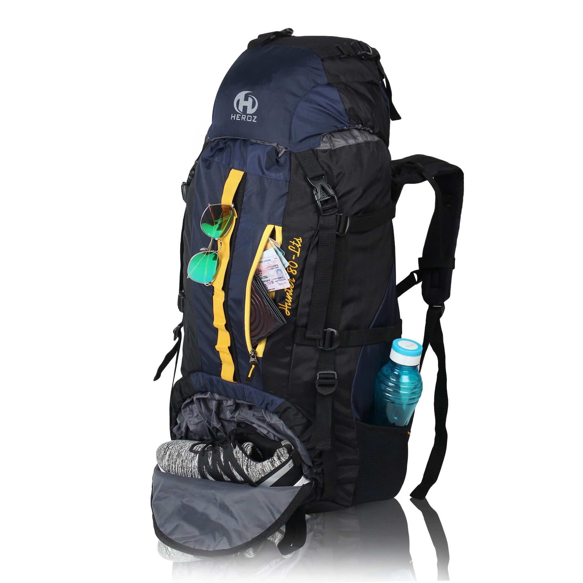 HEROZ Hunter 80 ltrs Trackign Laptop Bags Mountaineering Hiking Bag with Rain Cover Mount Track Travel Backpacks Rucksack - (Black and Navy Blue) - HEROZ