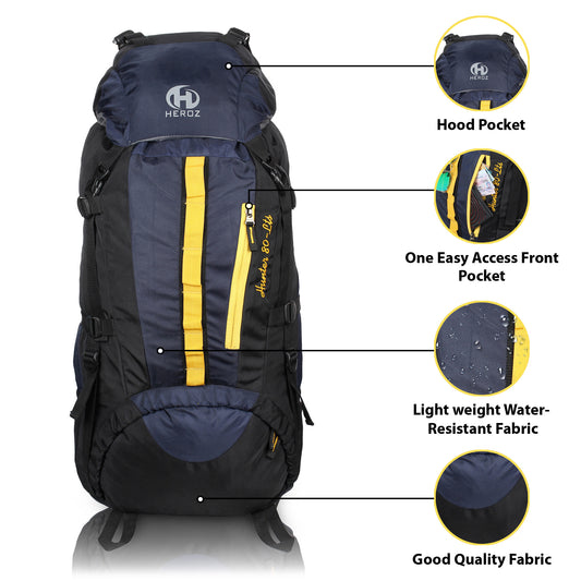 HEROZ Hunter 80 ltrs Trackign Laptop Bags Mountaineering Hiking Bag with Rain Cover Mount Track Travel Backpacks Rucksack - (Black and Navy Blue) - HEROZ