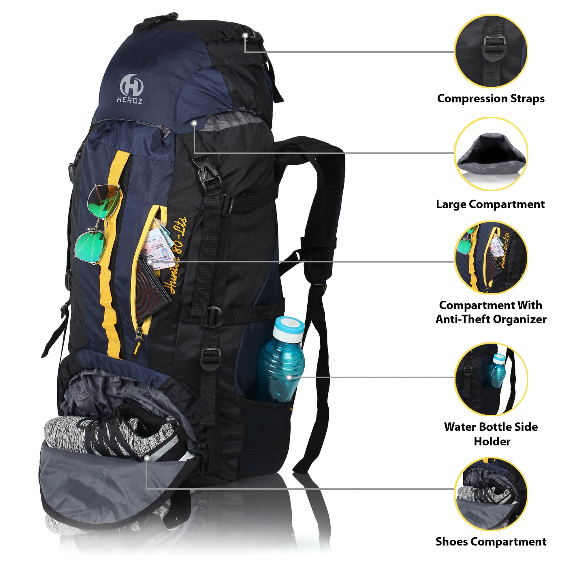 HEROZ Hunter 80 ltrs Trackign Laptop Bags Mountaineering Hiking Bag with Rain Cover Mount Track Travel Backpacks Rucksack - (Black and Navy Blue) - HEROZ