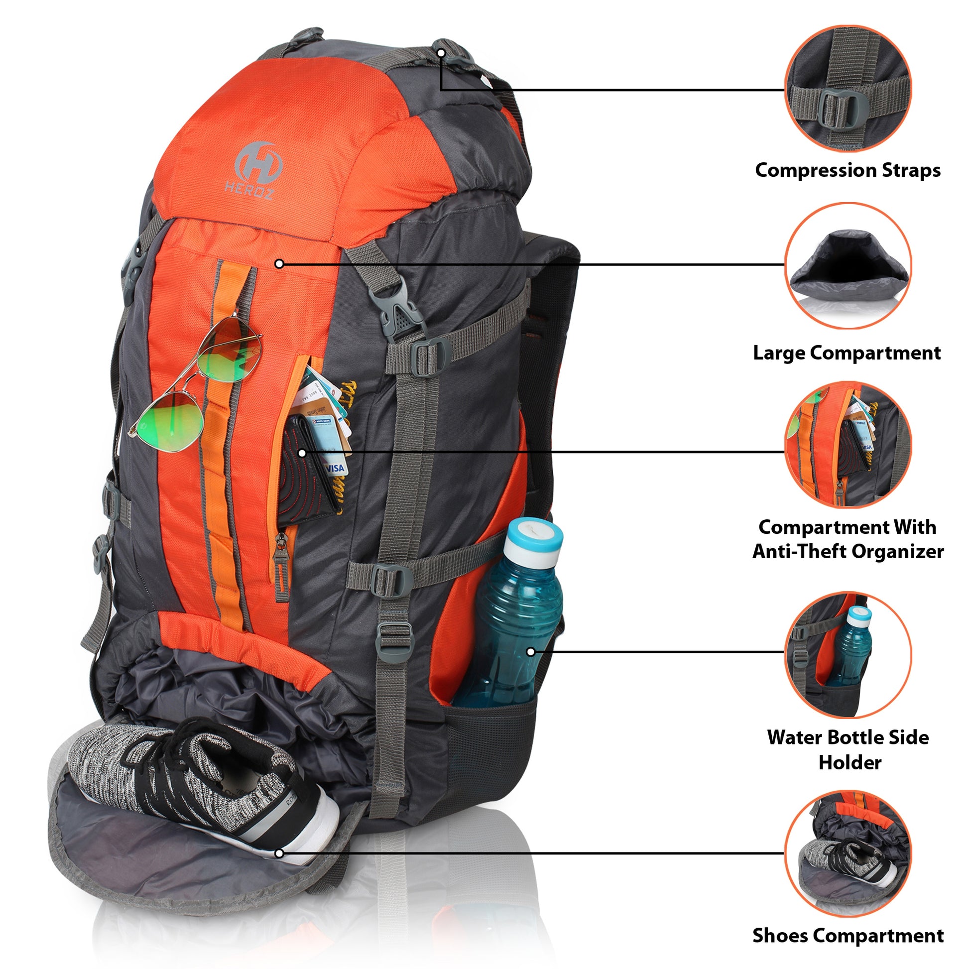 HEROZ Hunter 80 ltrs Trackign Laptop Bags Mountaineering Hiking Bag with Rain Cover Mount Track Travel Backpacks Rucksack - (Grey & Orange) - HEROZ
