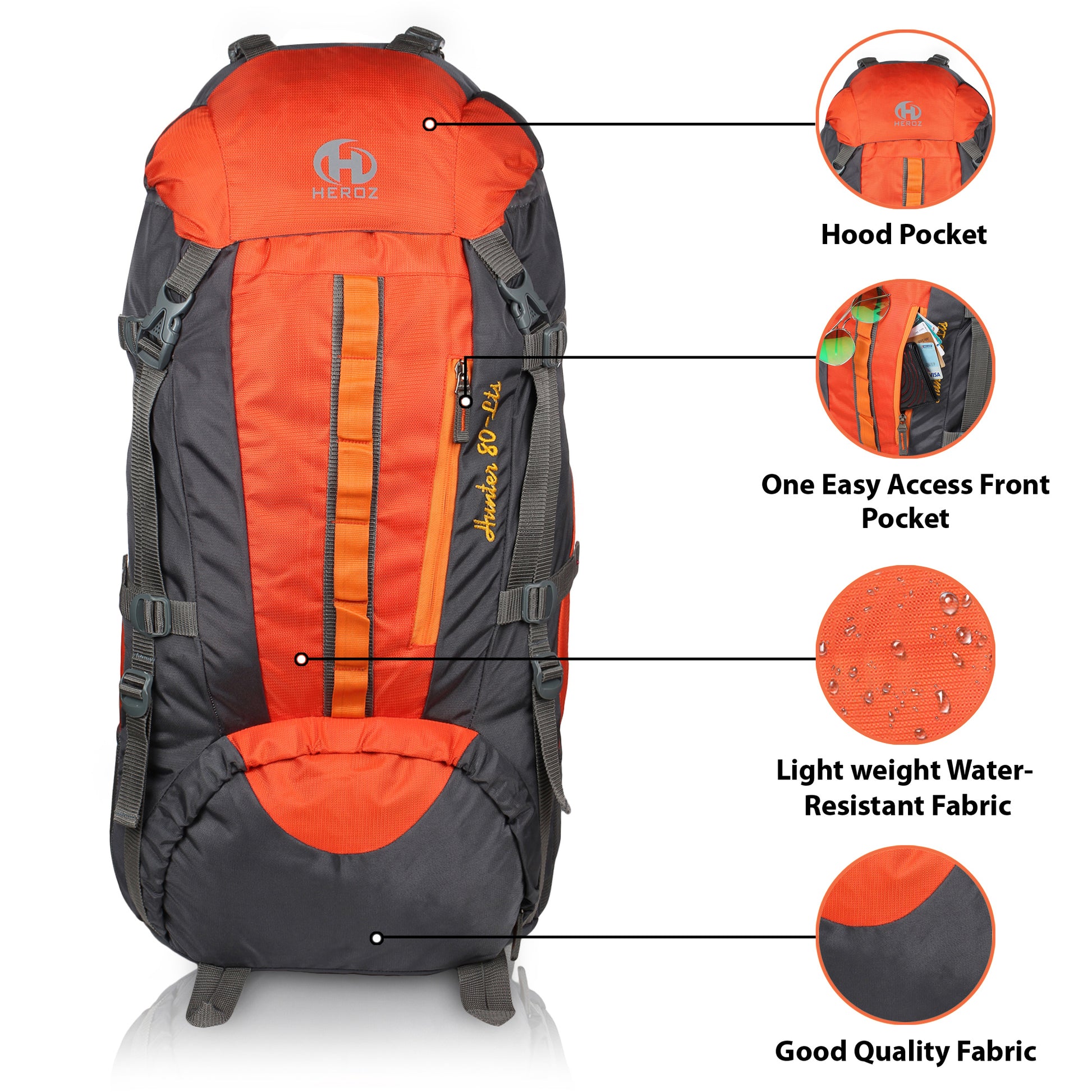 HEROZ Hunter 80 ltrs Trackign Laptop Bags Mountaineering Hiking Bag with Rain Cover Mount Track Travel Backpacks Rucksack - (Grey & Orange) - HEROZ