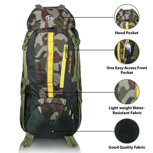 HEROZ Hunter 80 ltrs Trackign Laptop Bags Mountaineering Hiking Bag with Rain Cover Mount Track Travel Backpacks Rucksack - (Mehndi Green & Jungle) - HEROZ