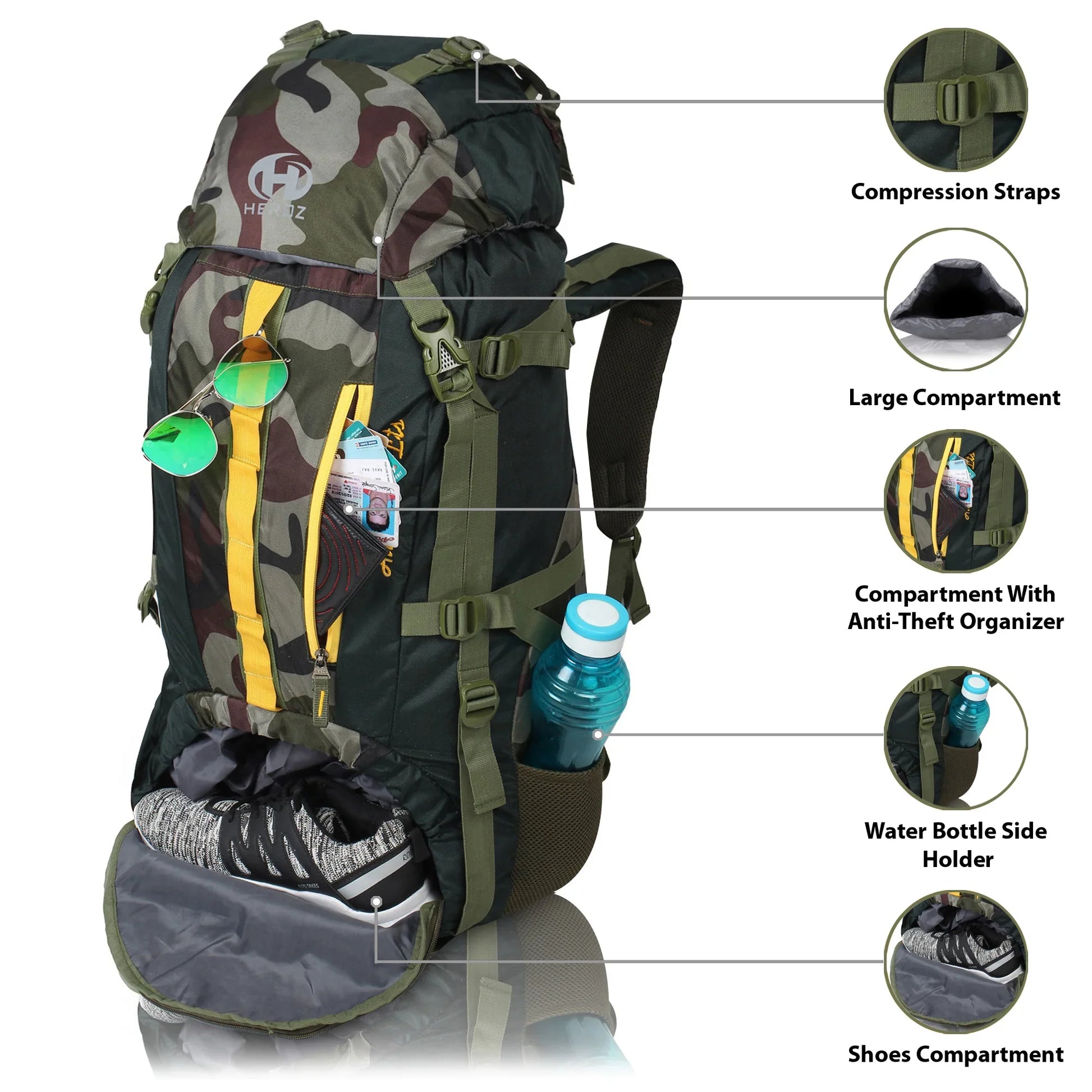 HEROZ Hunter 80 ltrs Trackign Laptop Bags Mountaineering Hiking Bag with Rain Cover Mount Track Travel Backpacks Rucksack - (Mehndi Green & Jungle) - HEROZ