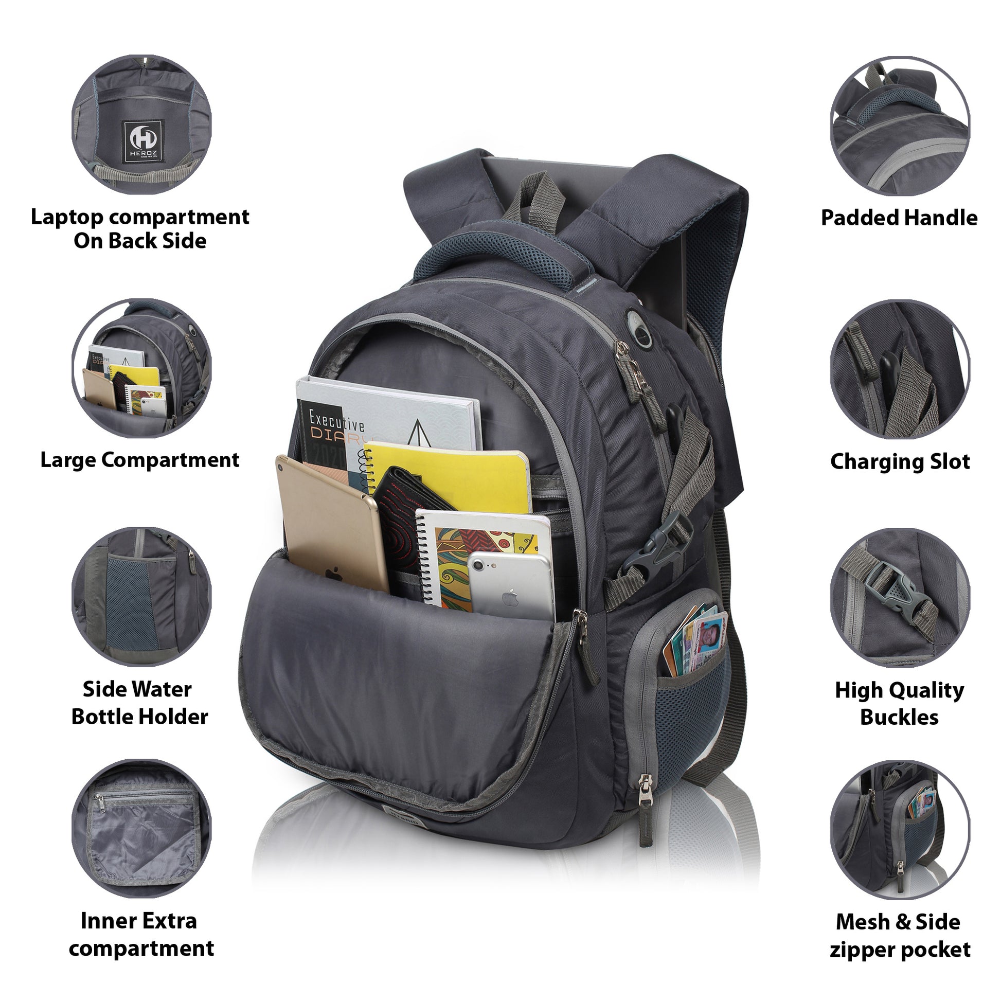 HEROZ Hybrid Laptop Backpack, Unisex Anti-Theft Travel Backpack, Business School Bookbag with USB Charging Port for Men & Women Fit for 15.6 Inches Laptop (Grey) - HEROZ