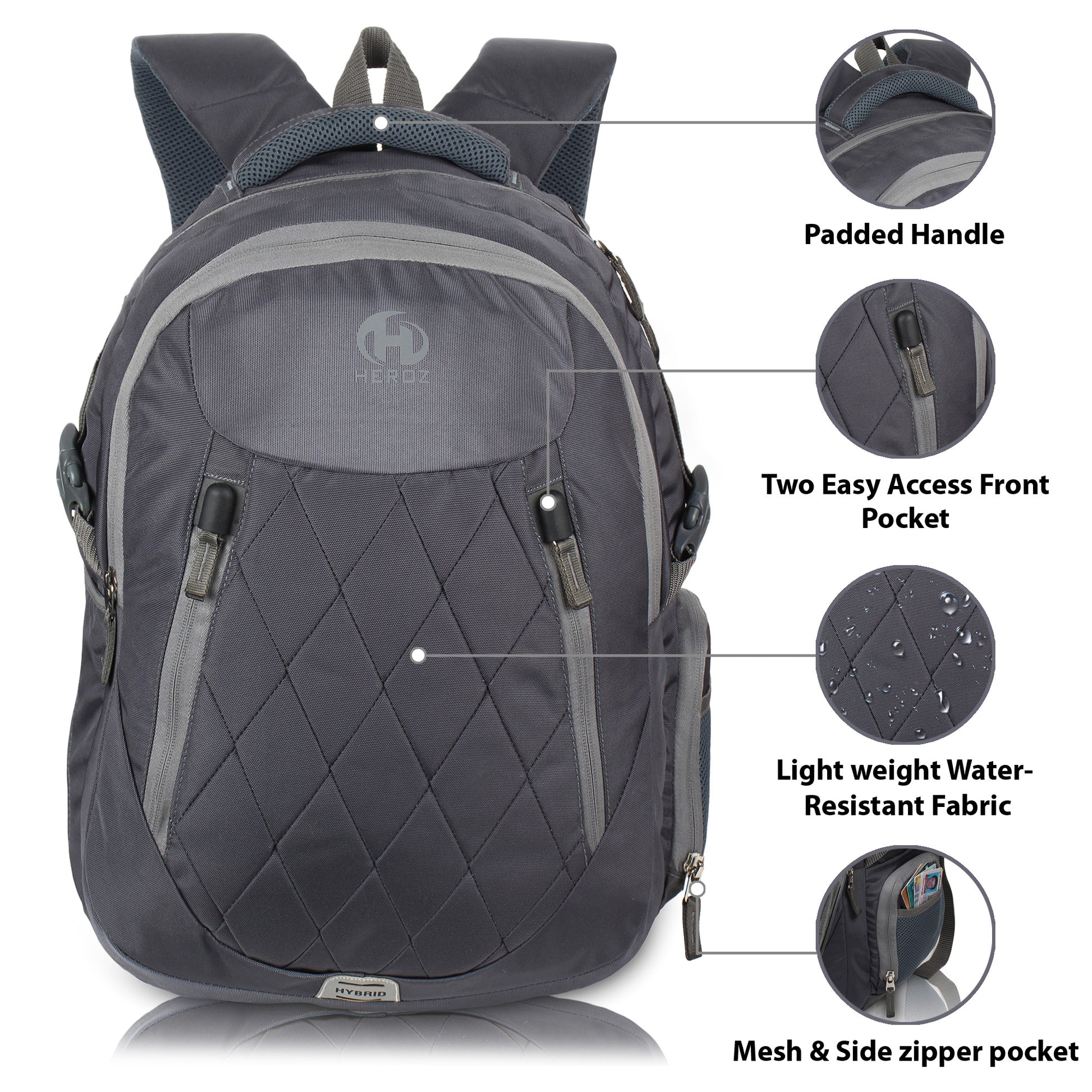 HEROZ Hybrid Laptop Backpack, Unisex Anti-Theft Travel Backpack, Business School Bookbag with USB Charging Port for Men & Women Fit for 15.6 Inches Laptop (Grey) - HEROZ