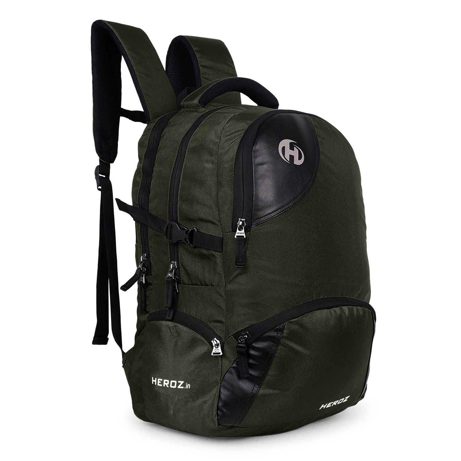 Green backpack with black accents on a white background