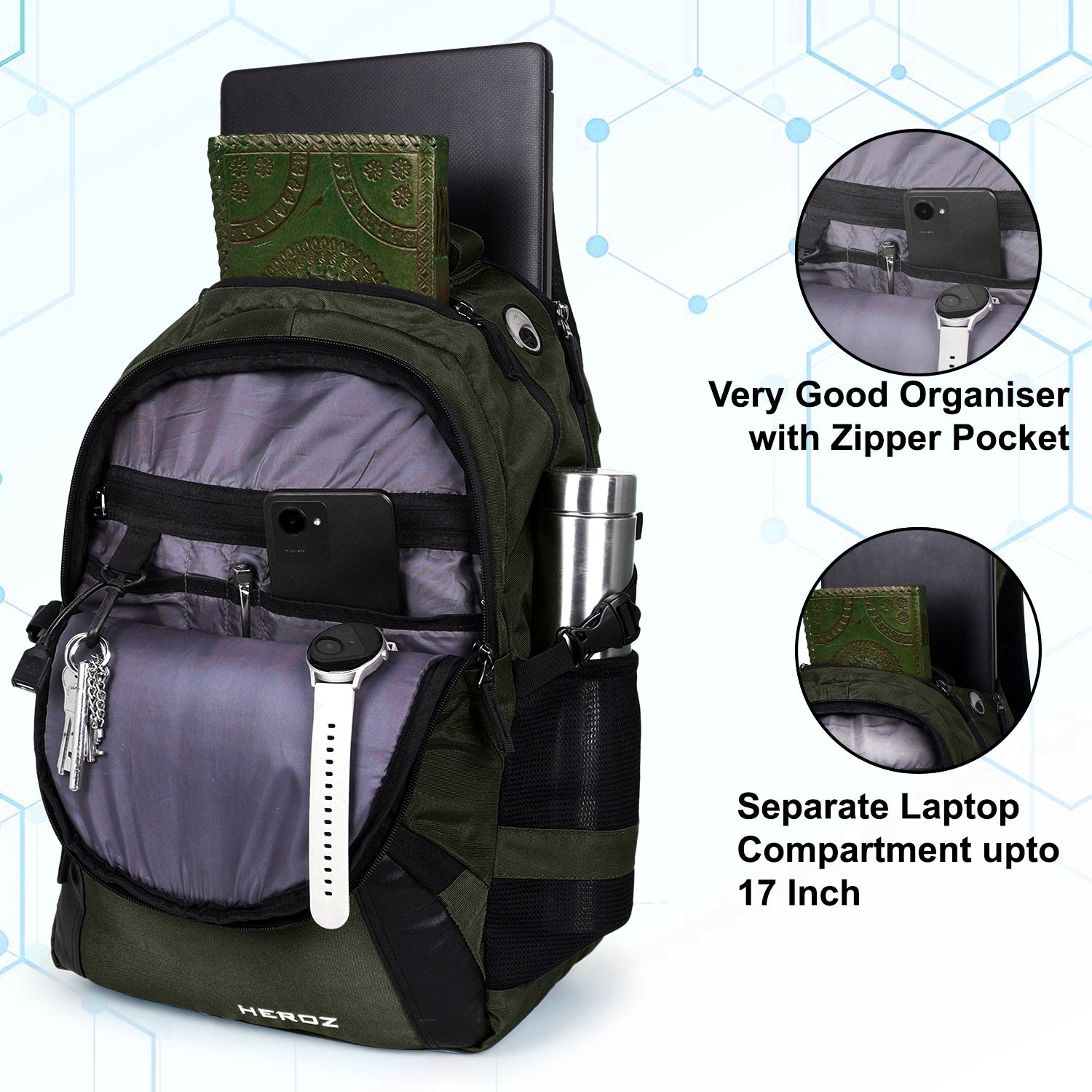 HEROZ Hypro 40L Laptop Backpack for Men & Women with USB Charging Port, Rain Cover & Anti-Theft Pocket, Organizer, Fits 17-Inch Laptop (Black & Mehndi Green) - HEROZ