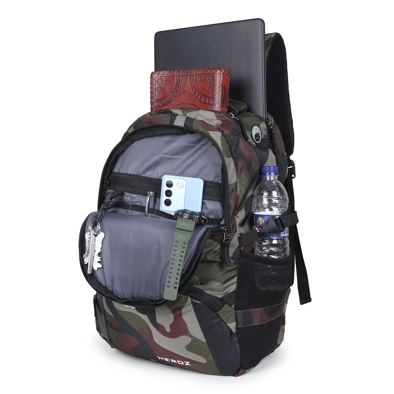 HEROZ Hypro 40L laptop backpacks bags for men and women with USB Charing Point, rain cover with Anti Theft Pocket, Organizer, ideal for collage travel & office,17-inch sleeve (Army Jungle) - HEROZ