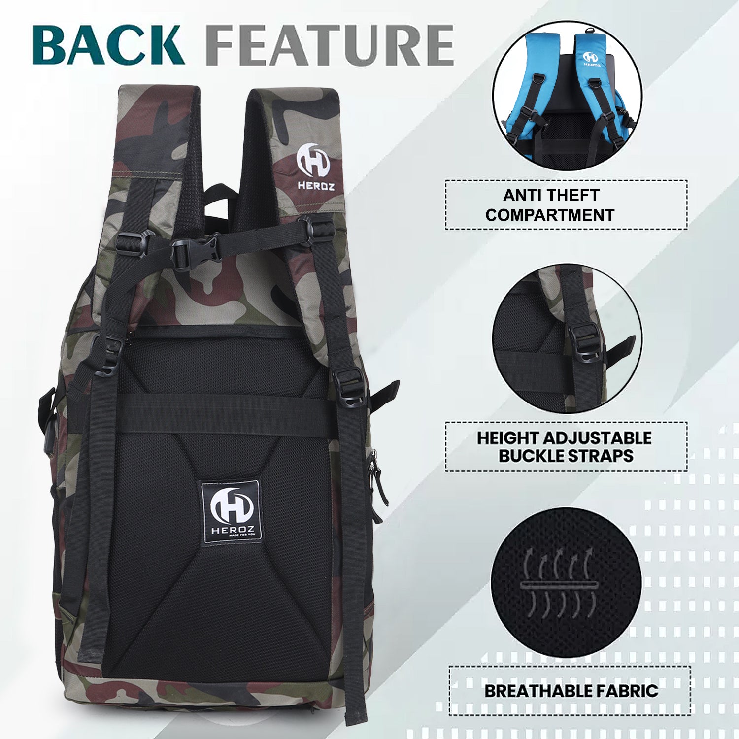 HEROZ Hypro 40L laptop backpacks bags for men and women with USB Charing Point, rain cover with Anti Theft Pocket, Organizer, ideal for collage travel & office,17-inch sleeve (Army Jungle) - HEROZ
