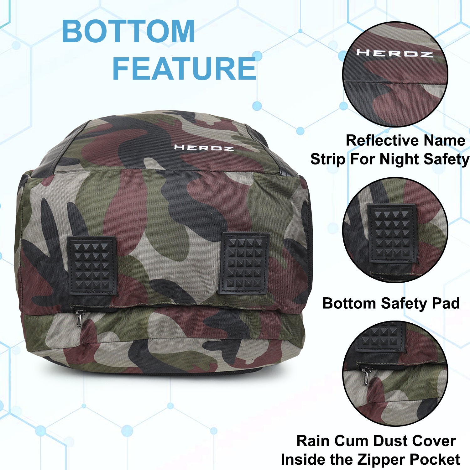 Camouflage bag with safety features labeled on a white background