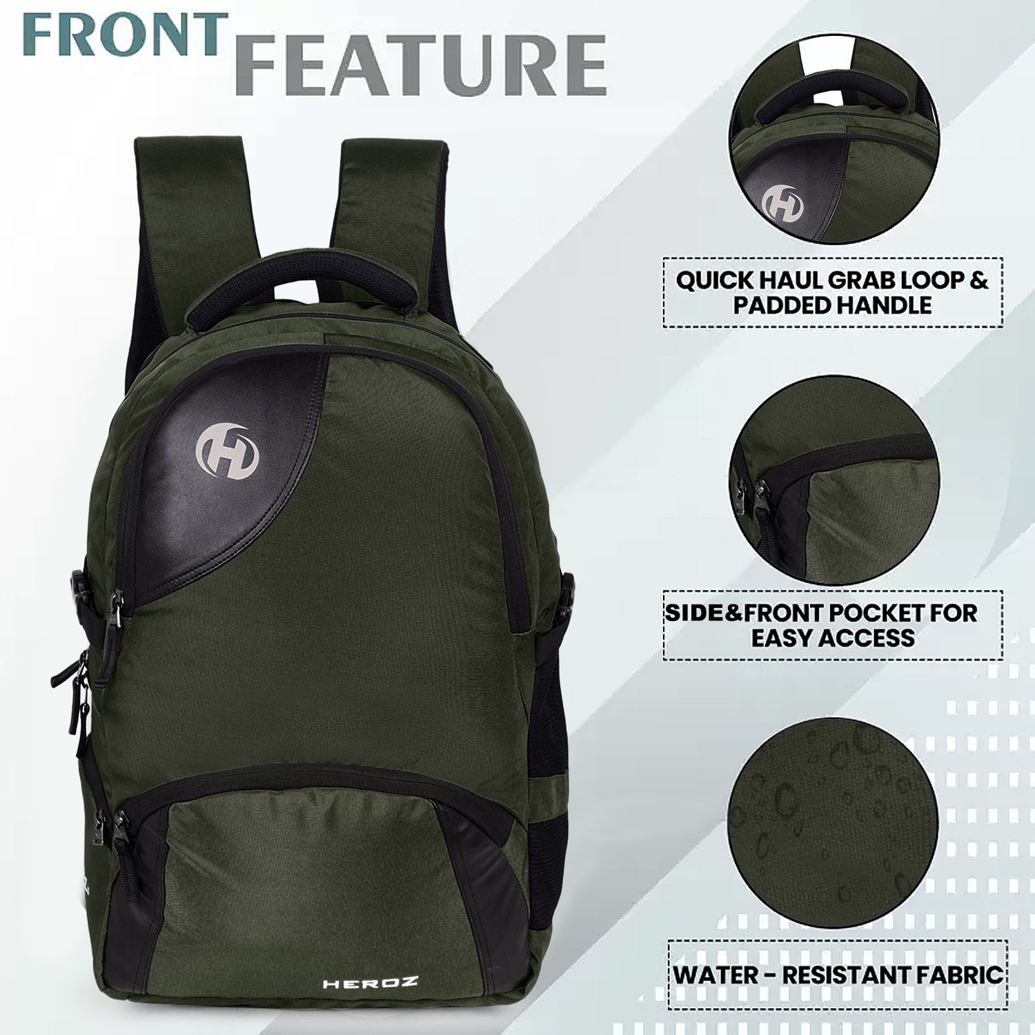 HEROZ Hypro 40L laptop backpacks bags for men and women with USB Charing Point, rain cover with Anti Theft Pocket, Organizer, ideal for collage travel & office,17-inch sleeve (Black & Mehndi Green) - HEROZ