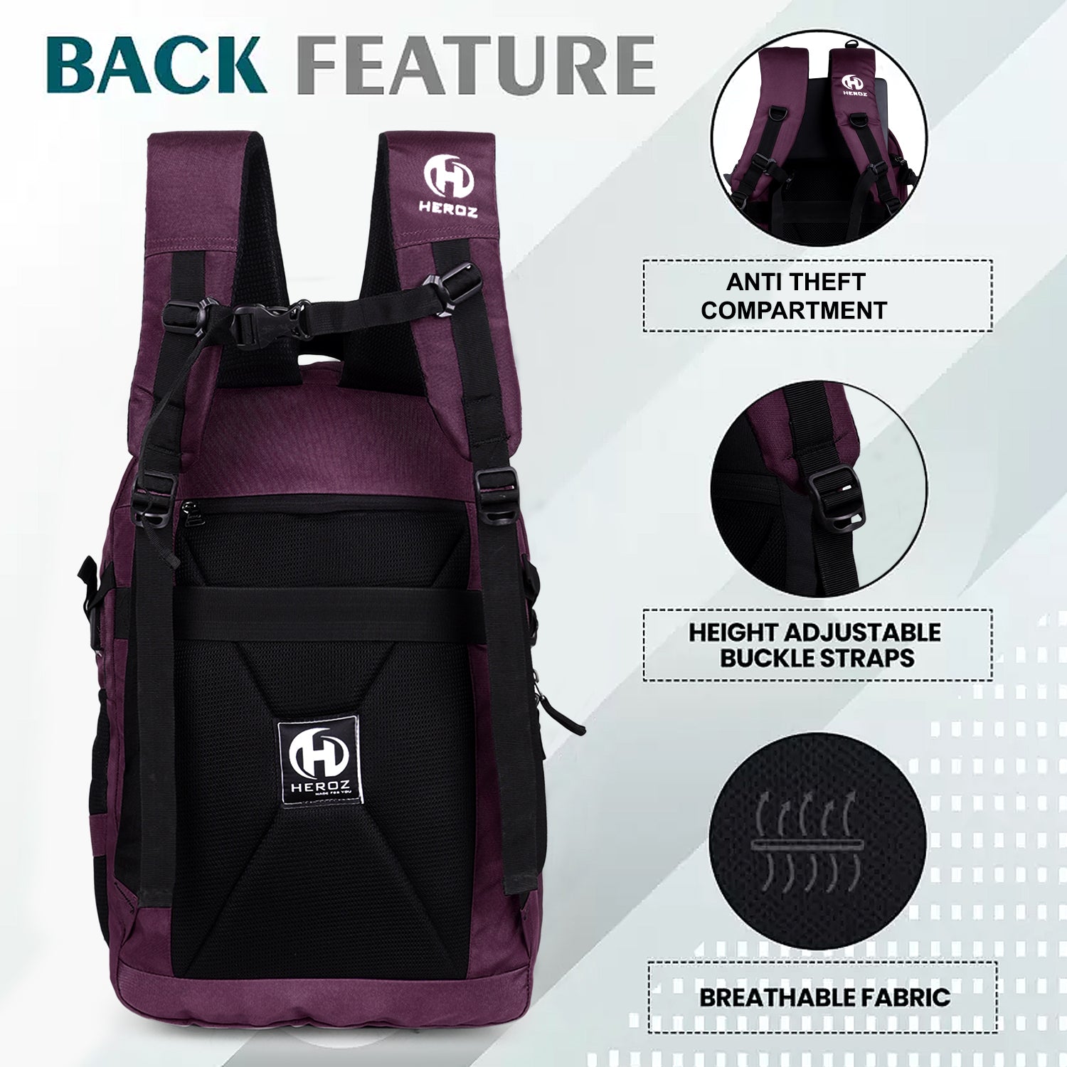 HEROZ Hypro 40L laptop backpacks bags for men and women with USB Charing Point, rain cover with Anti Theft Pocket, Organizer, ideal for collage travel & office,17-inch sleeve (Black & Purple) - HEROZ