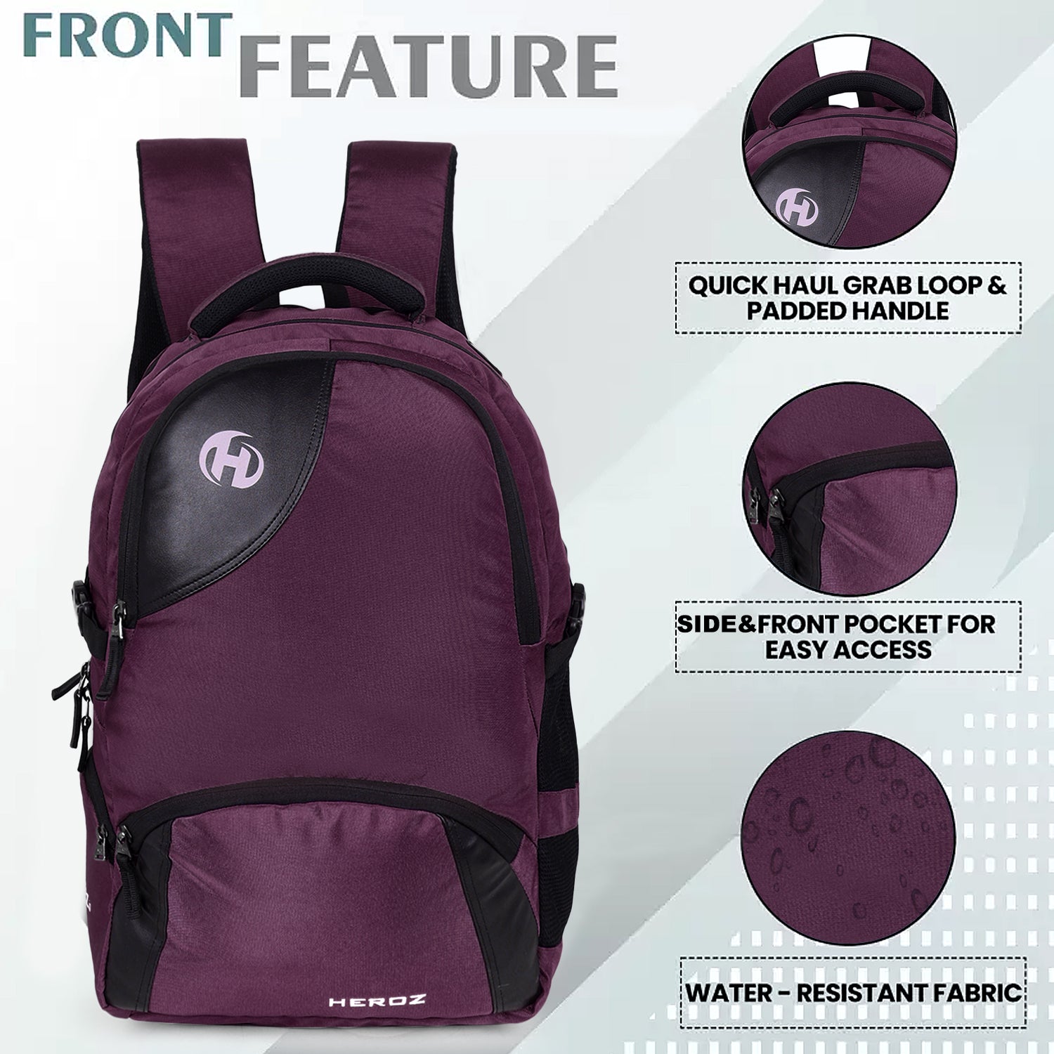 HEROZ Hypro 40L laptop backpacks bags for men and women with USB Charing Point, rain cover with Anti Theft Pocket, Organizer, ideal for collage travel & office,17-inch sleeve (Black & Purple) - HEROZ
