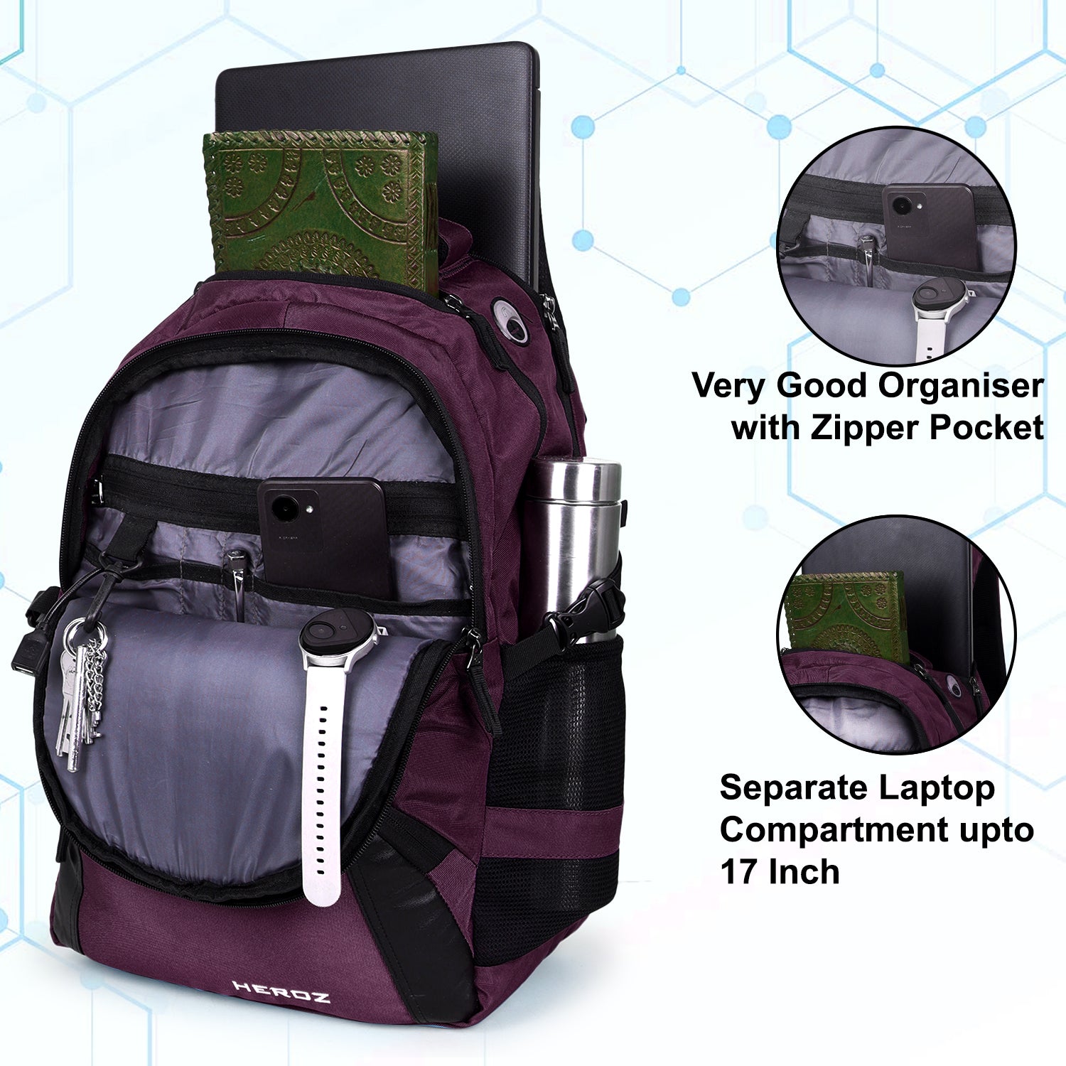 HEROZ Hypro 40L laptop backpacks bags for men and women with USB Charing Point, rain cover with Anti Theft Pocket, Organizer, ideal for collage travel & office,17-inch sleeve (Black & Purple) - HEROZ