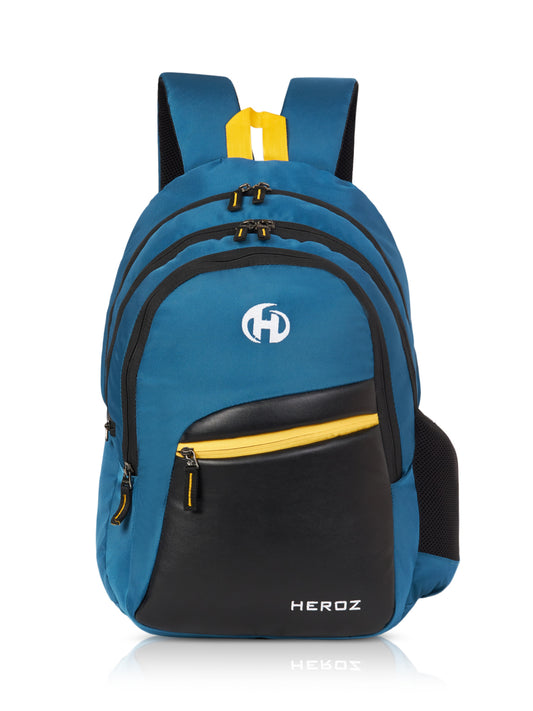 Blue and black backpack with yellow accents and a visible brand logo on a white background