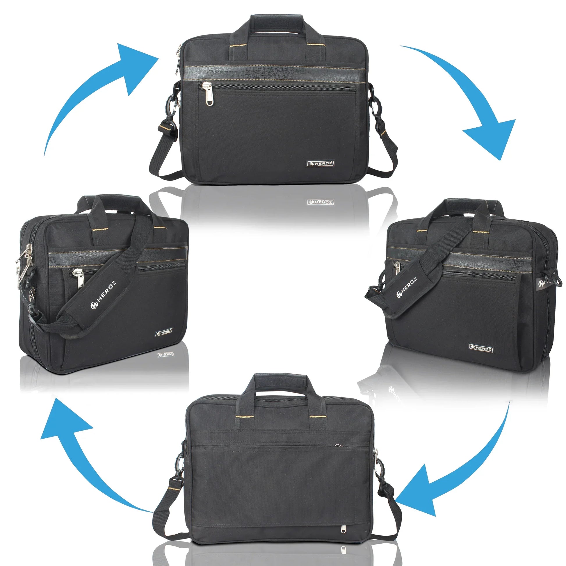 Black briefcase with multiple angles shown on a white background