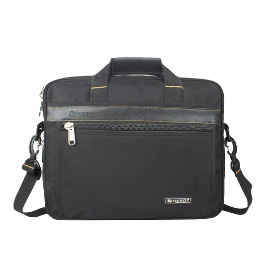Black briefcase with shoulder strap on a white background