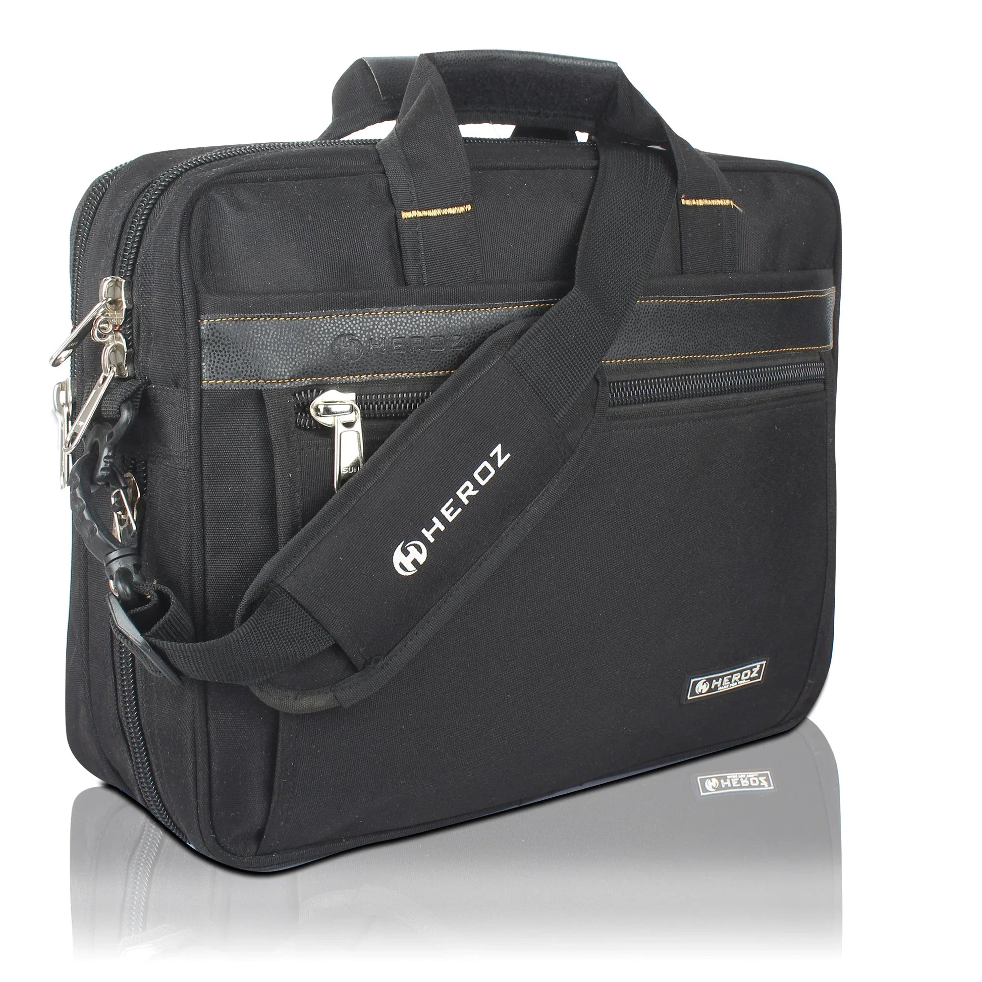 Black briefcase with a shoulder strap on a white background, featuring the HEROZ brand.
