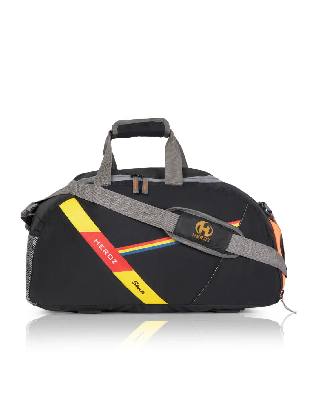 Black duffel bag with colorful accents on a white background