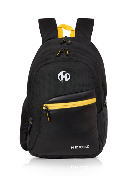 Black backpack with yellow accents and a visible brand logo on a white background