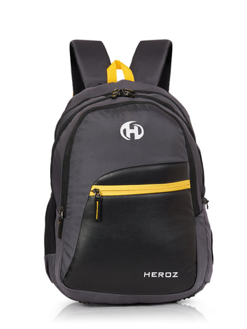 Gray backpack with yellow accents and a visible brand logo on a white background