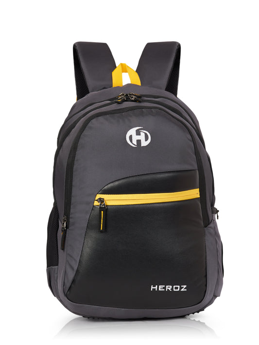 Gray backpack with yellow accents and a visible brand logo on a white background