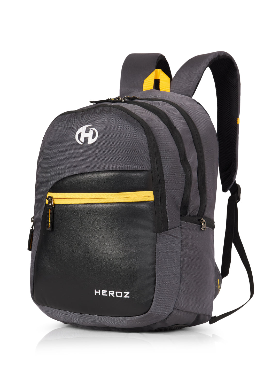 Gray backpack with yellow accents and HEROZ branding on a white background