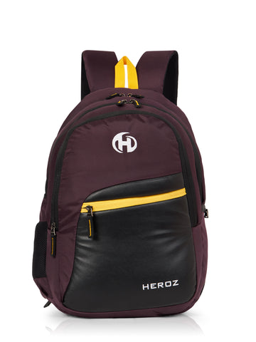 Maroon and black backpack with yellow accents and 'HEROZ' branding on a white background