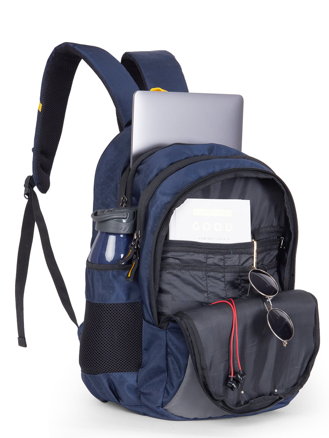 Blue backpack with laptop, water bottle, and sunglasses on a white background