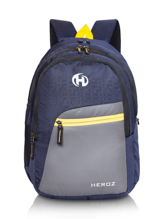 Navy and gray backpack with yellow accents and 'HEROZ' branding on a white background
