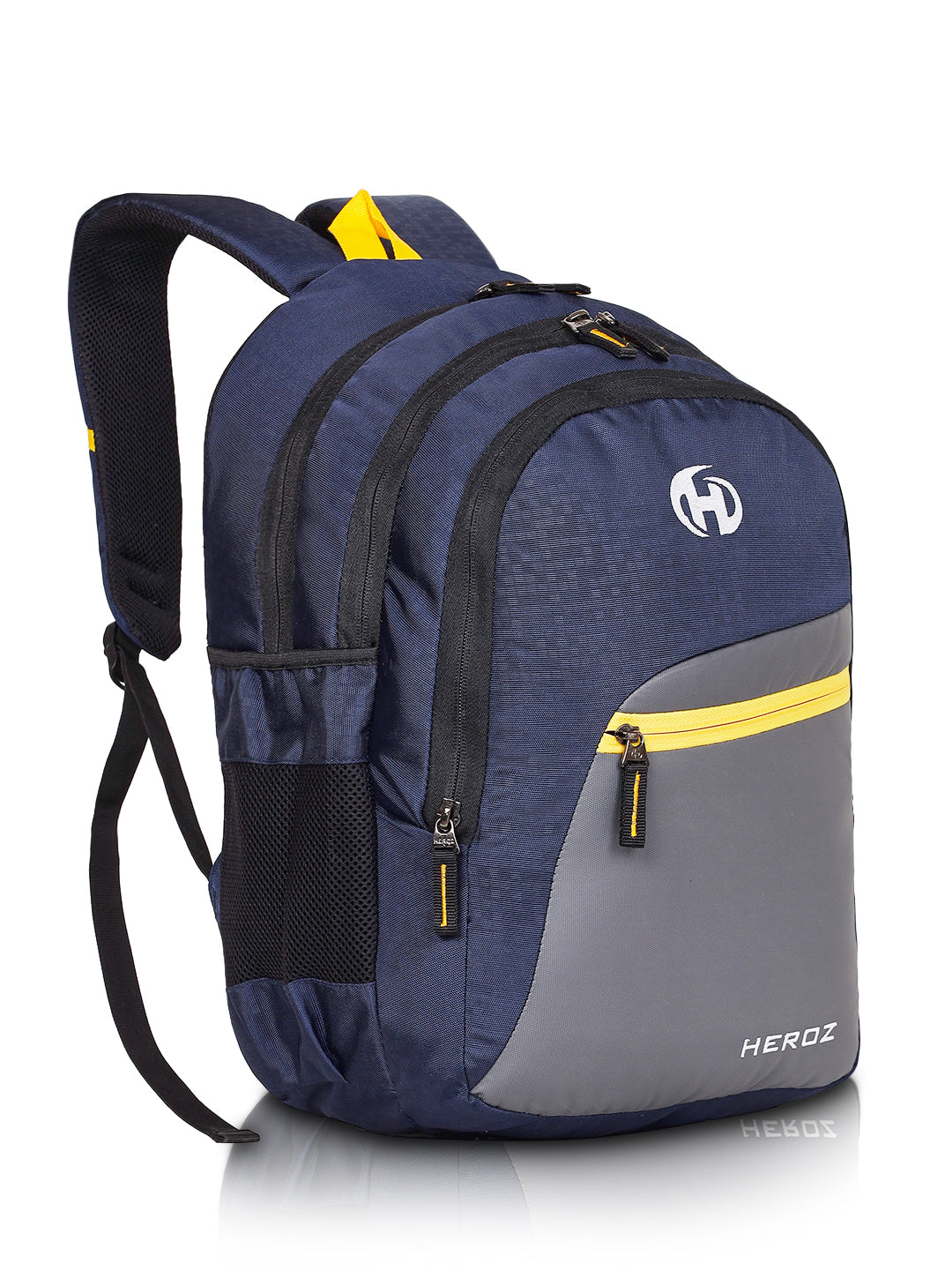 HEROZ Stylish Laptop Backpack for Men & Women, Durable Everyday Backpack with Organizer, Water Resistant College & Office Bag (Navy Blue & Grey with Yellow Accent) - HEROZ