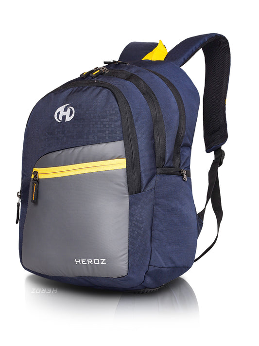 HEROZ Stylish Laptop Backpack for Men & Women, Durable Everyday Backpack with Organizer, Water Resistant College & Office Bag (Navy Blue & Grey with Yellow Accent) - HEROZ