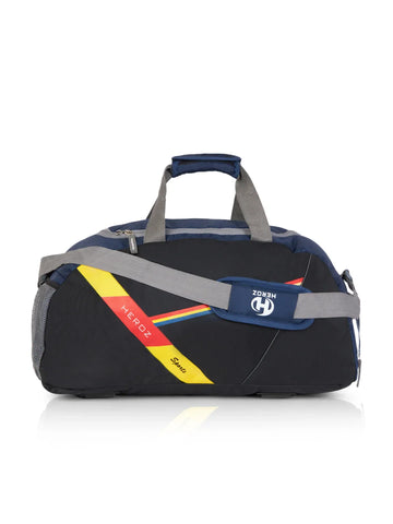 Black duffel bag with colorful accents on a white background