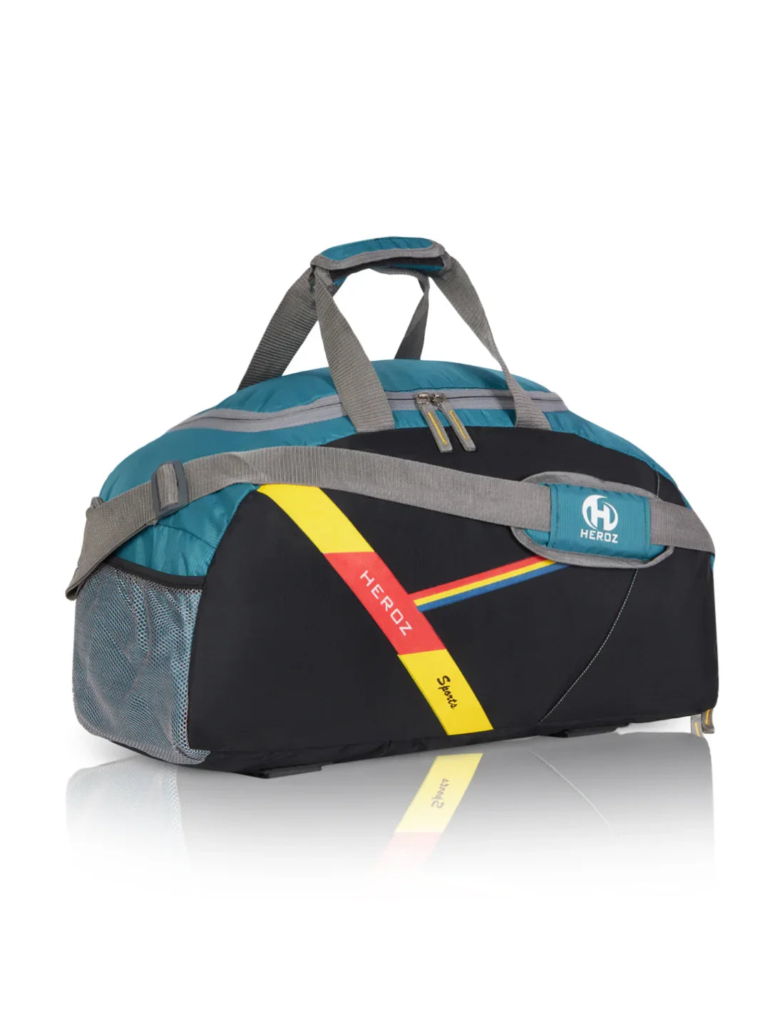 Multicolored duffel bag with 'Hero' branding on a white background
