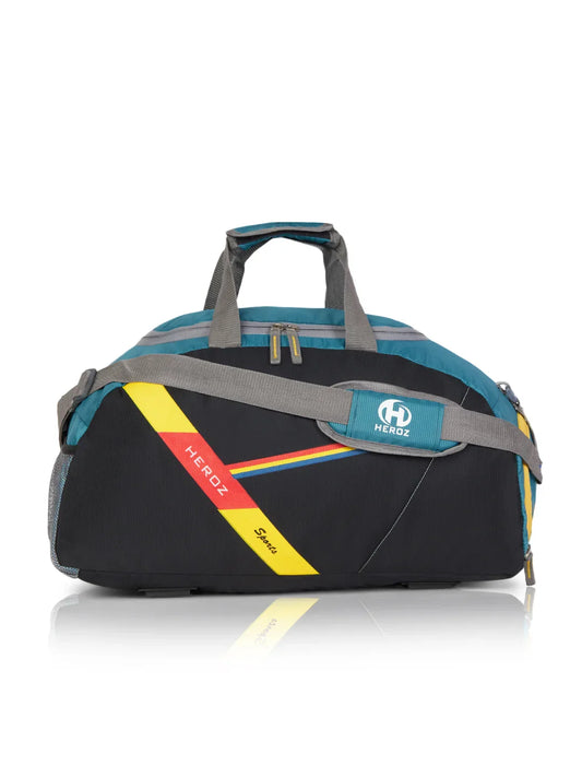 Black duffel bag with colorful accents and a visible brand logo on a white background