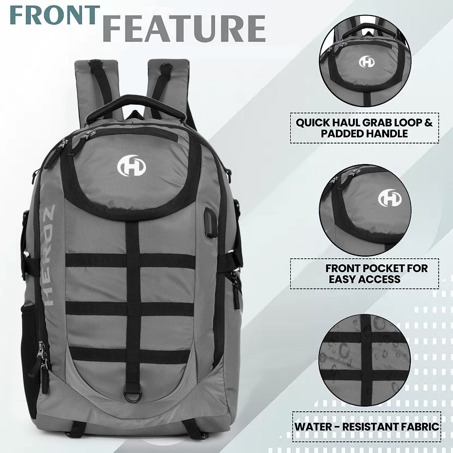 Gray backpack with features highlighted on a white background
