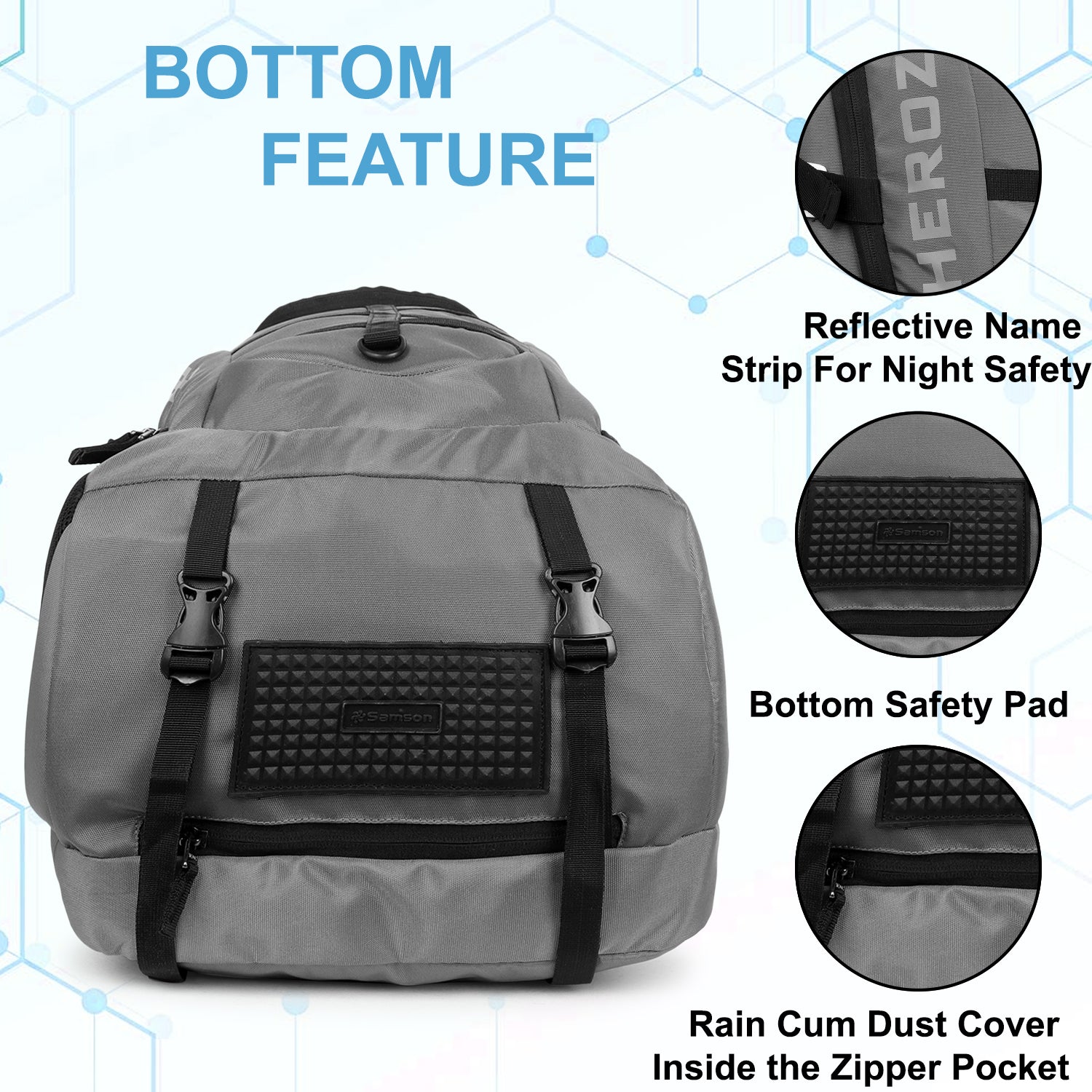 Gray backpack with safety features highlighted on a white background